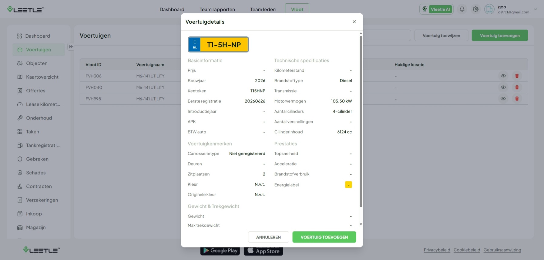 Het scherm Voertuigdetails met specificaties uit de registratie.
